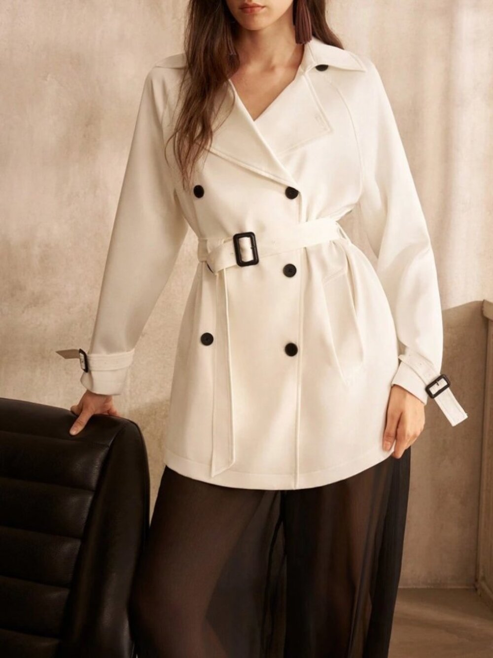 Ivory Belted Trench Coat with Contrast Black Buttons